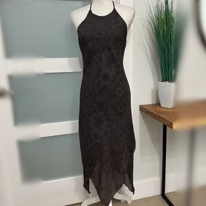 CDC Petites Y2K Brown Floral Halter Dress Handkerchief Hem SZ 6 Flowy Whimsy EUC